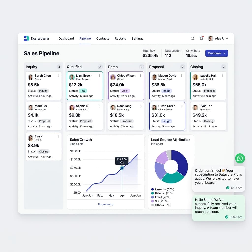 Datavore central sales CRM pipeline dashboard view